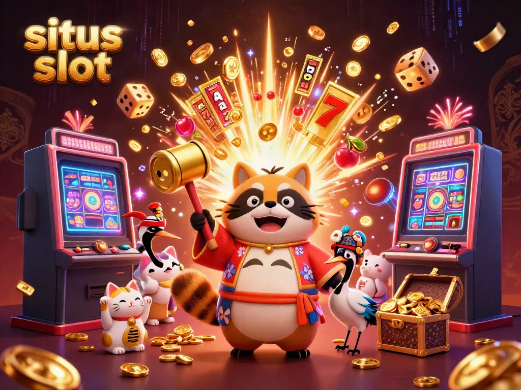 Experience the excitement of situs slot with cheerful tanuki, gold coins, and vibrant game elements