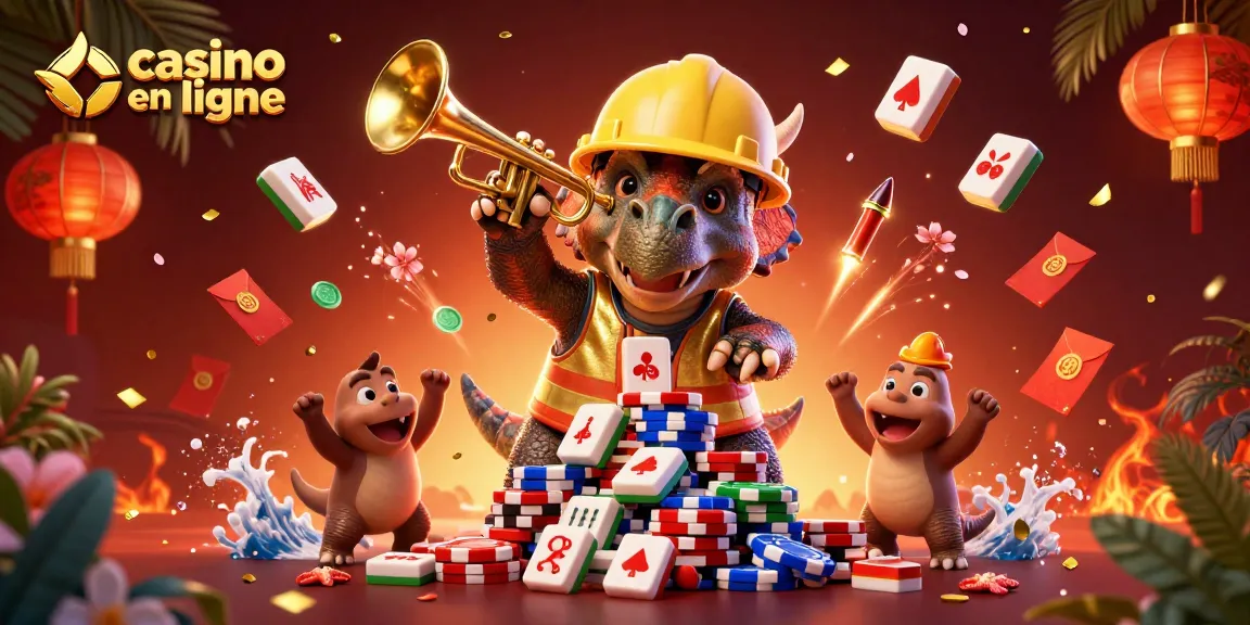 Vivez l'excitation du casino en ligne avec un triceratops et des feux d'artifice célébrant une victoire.