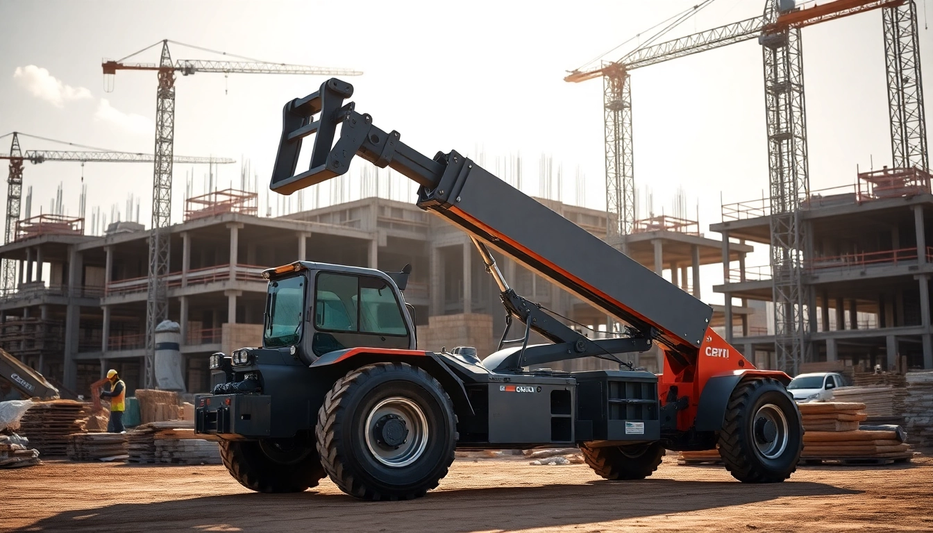 A telehandler efficiently lifting materials at a busy construction site, showcasing its robust capabilities.