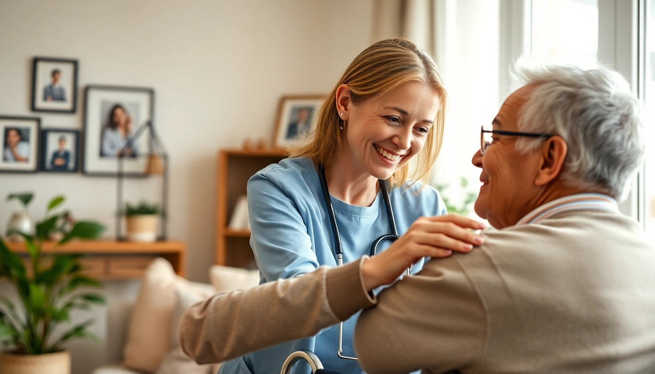 Engaging caregiver providing in home care austin tx services to elderly client in a cozy living room.