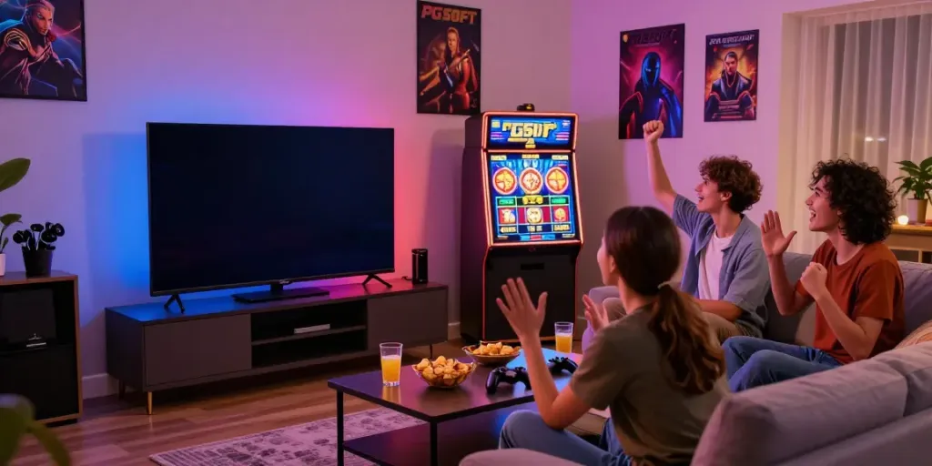 Exciting gaming night featuring friends enjoying slot thailand games on a large screen.