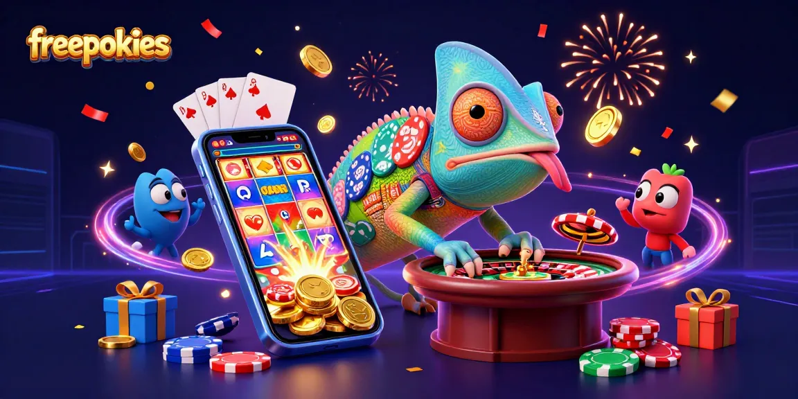 Spin vibrant freepokies with a chameleon casino owner surrounded by exciting gaming elements.