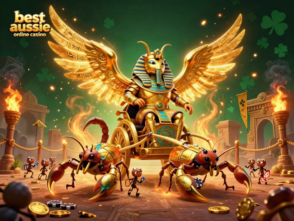 Epic scene showcasing the best Aussie online casino themed characters in a vibrant battle for fortune.
