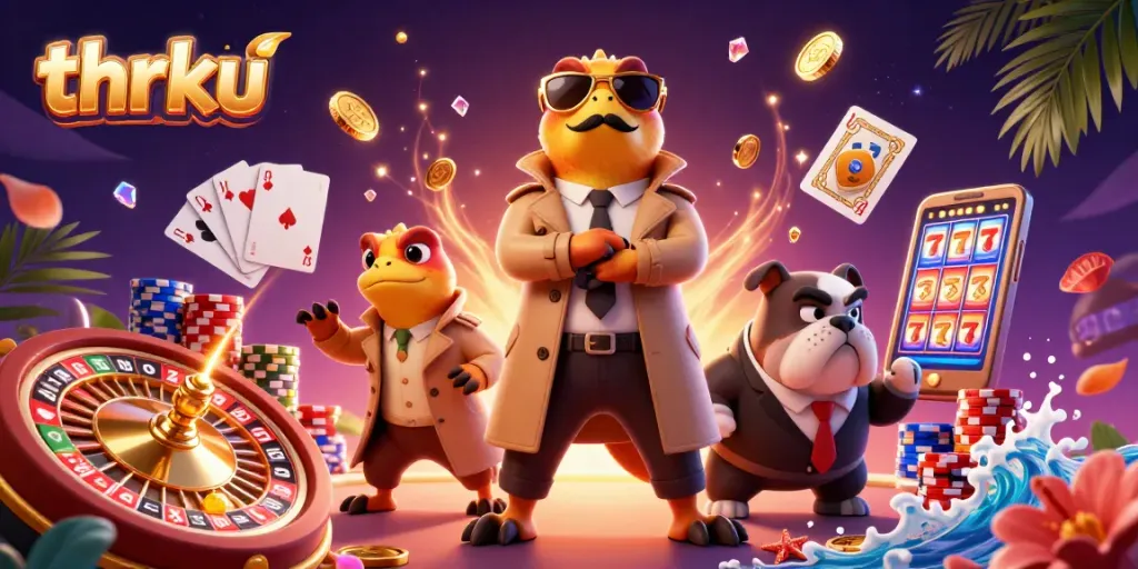 Join the thrill of thrku's VIP lounge featuring animated raptors in a trench coat.