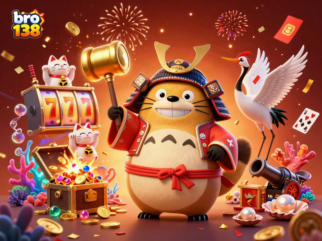 Spin and win big with bro 138 in a vibrant casino scene featuring waving maneki-neko and a lucky tanuki.