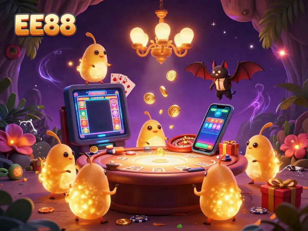 Experience the excitement of EE88 with glowworms lighting up a vibrant casino scene filled with games and energy.