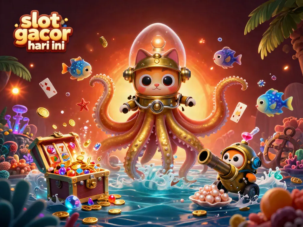 Slot gacor hari ini dengan karakter kartun 3D kraken dan ikan laut, penuh harta karun dan simbol slot.