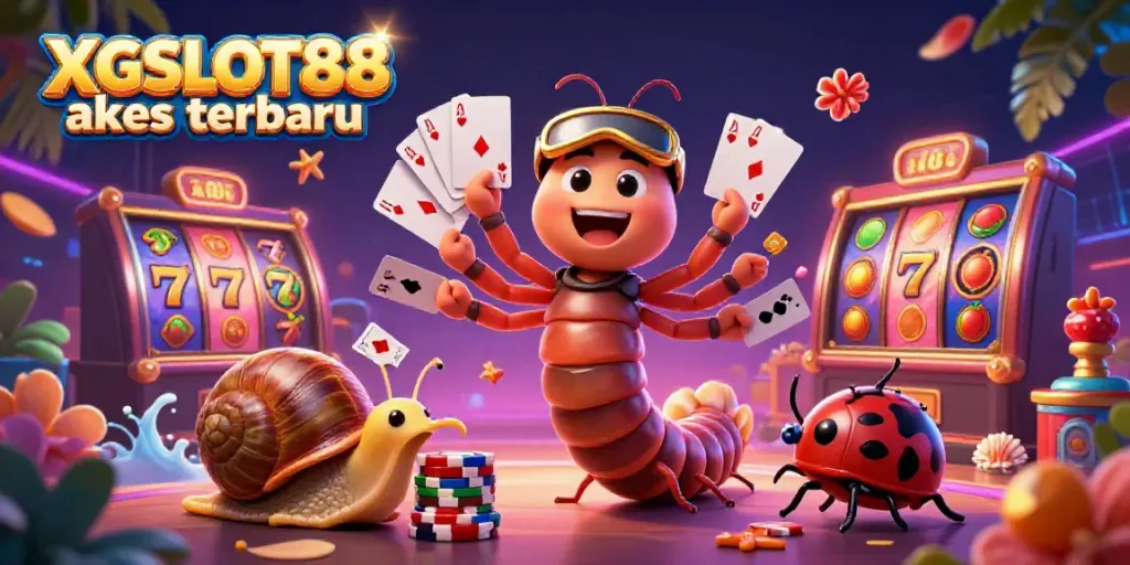Gambarkan pengalaman seru XGSLOT88 akses terbaru dengan dealer karakter kartun dan elemen permainan yang semarak.