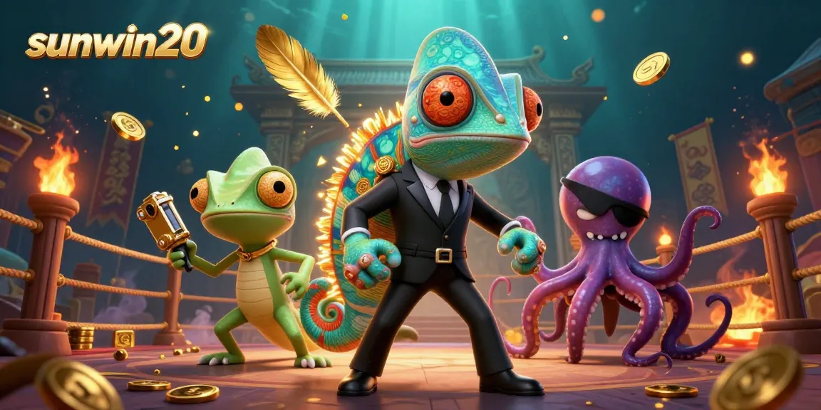 Join sunwin20 in an action-packed casino scene featuring vibrant characters amidst swirling gold and flames.