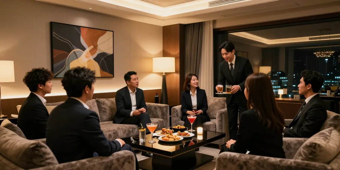 강남 구구단의 고급스러운 프라이빗 룸에서 즐기는 전문적인 만남과 음료 서비스 모습