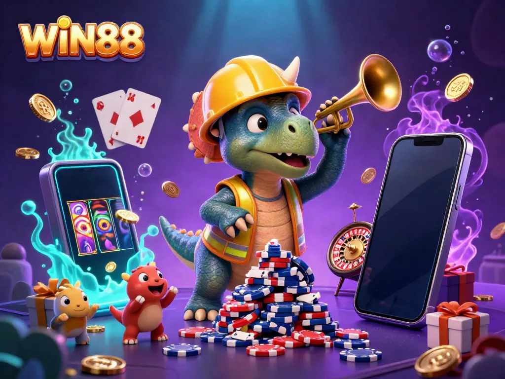 Experience the excitement of WIN88 with a colorful scene featuring characters celebrating a casino theme.