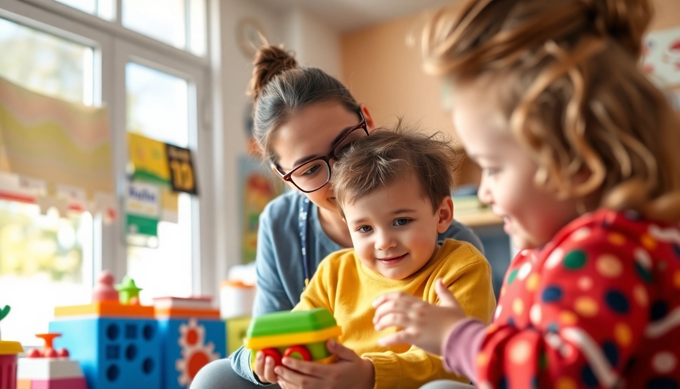 Therapist employing early intervention ABA techniques with a child in a vibrant setting