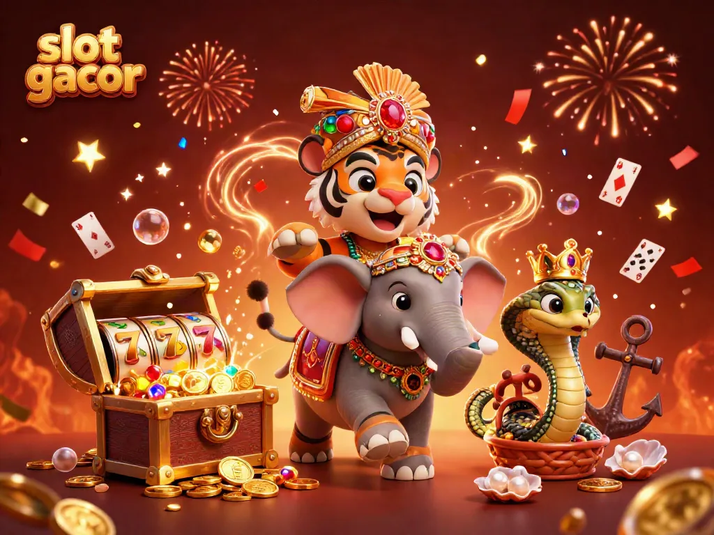 Experience the thrill of slot gacor with a dynamic scene featuring an Indian maharaja tiger, jewel-encrusted elephant, and slot reels.