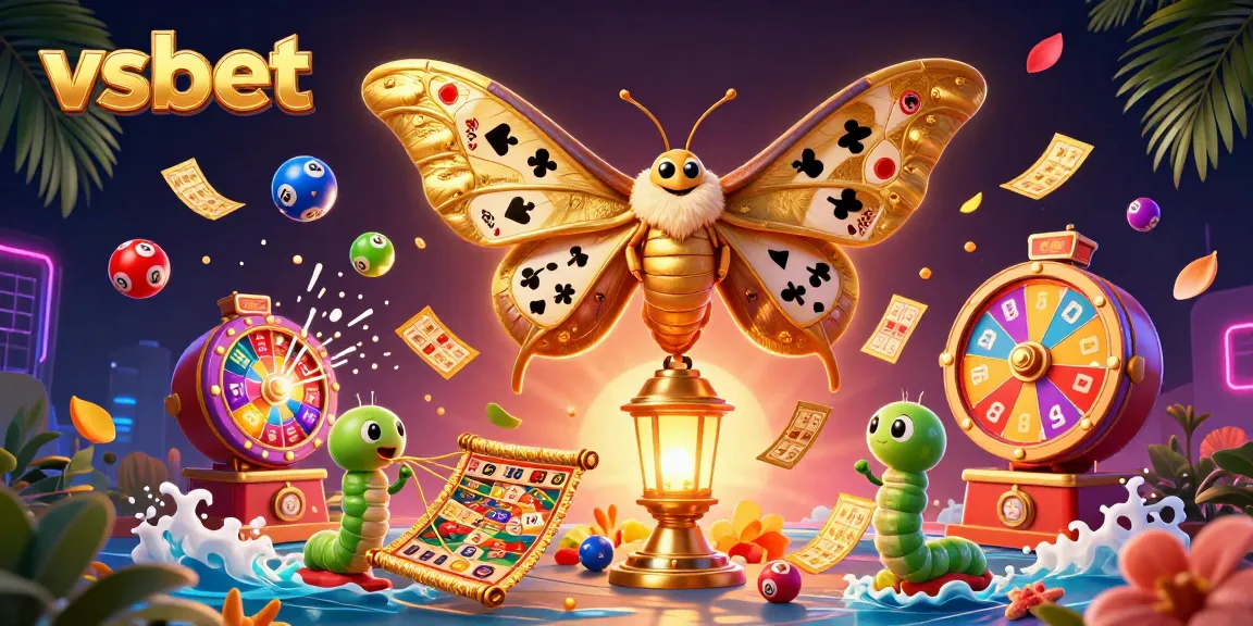 Experience vibrant lottery excitement with vsbet as golden moths flutter amidst colorful casino elements.