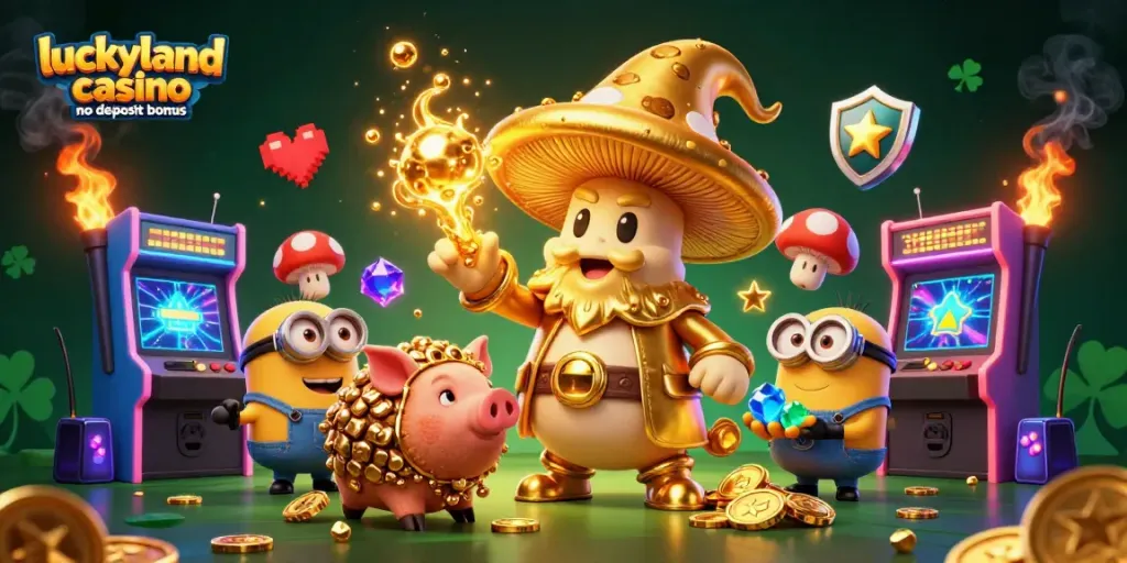 Experience the magic of luckyland casino no deposit bonus with golden mushrooms and lively game elements.
