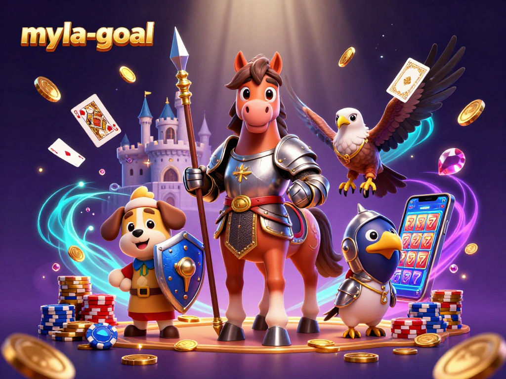 Engage with myla-goal's immersive gameplay featuring a knight, puppy, and falcon amid vibrant casino elements.