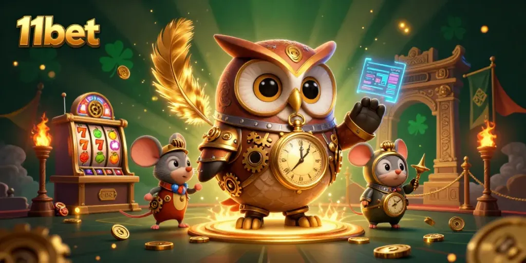 Experience the excitement of 11bet with animated steampunk characters in a dynamic casino scene.