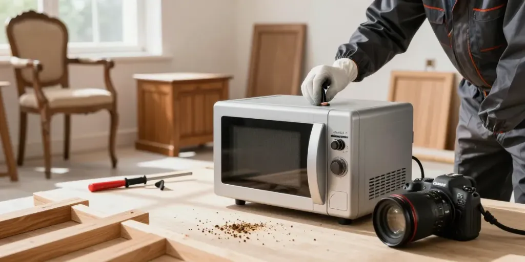 Shashel® microwave woodworm treatment efficiently eliminating wood-boring insects in a bright workshop.