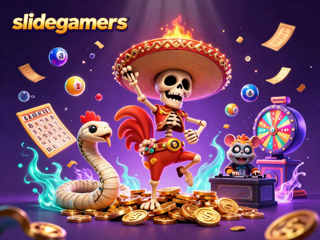 Engage with slidegamers in this vibrant 3D scene, blending a mariachi rooster and dynamic game elements.