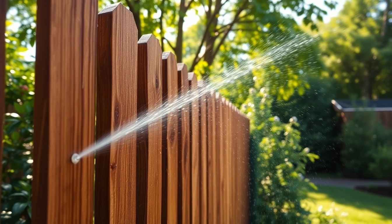 Fence Cleaning in a lush garden setting, showcasing a freshly cleaned wooden fence and greenery.