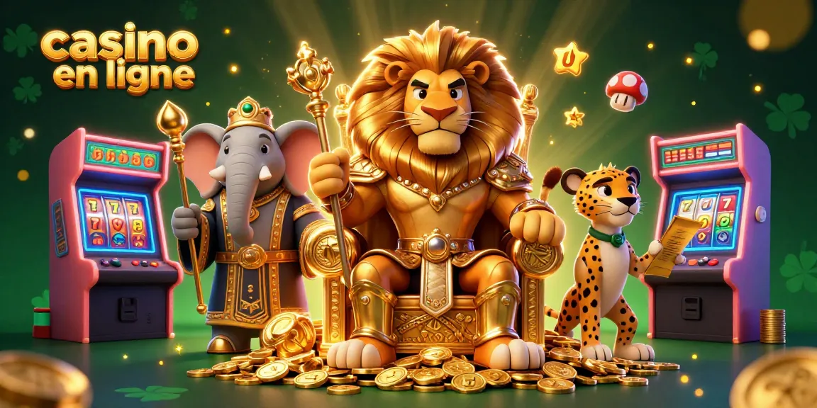Des personnages animés représentant un casino en ligne, avec un roi lion assis sur un trône de pièces d'or.