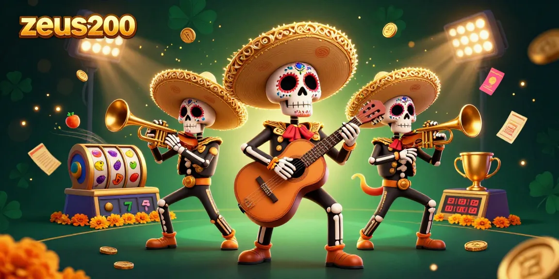 Zeus200 menghadirkan ilustrasi kasino dengan band mariachi tengkorak, slot, dan elemen jackpot.