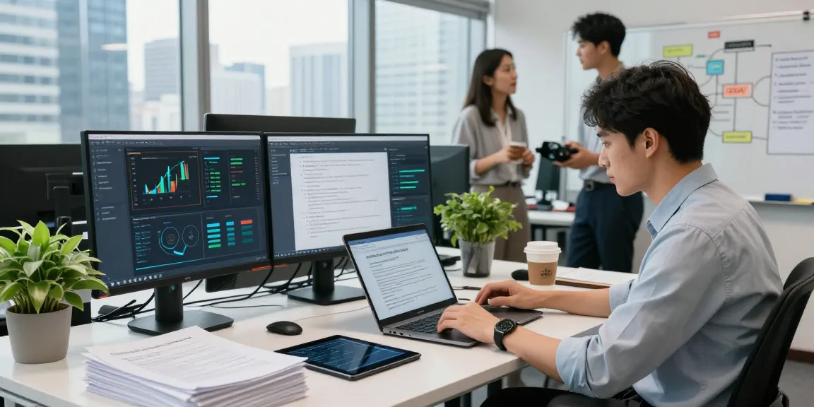 Document fraud detection software development workspace with engineers analyzing algorithms and data.