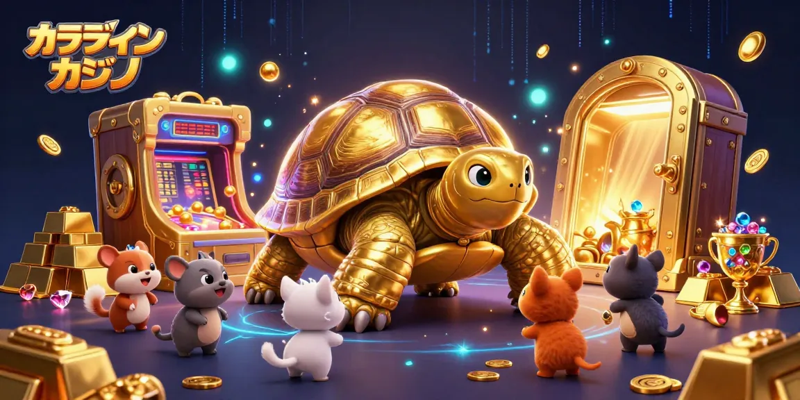 オンライン カジノで楽しむ小動物たちと金色の亀のピンボール台の楽しいゲームシーン