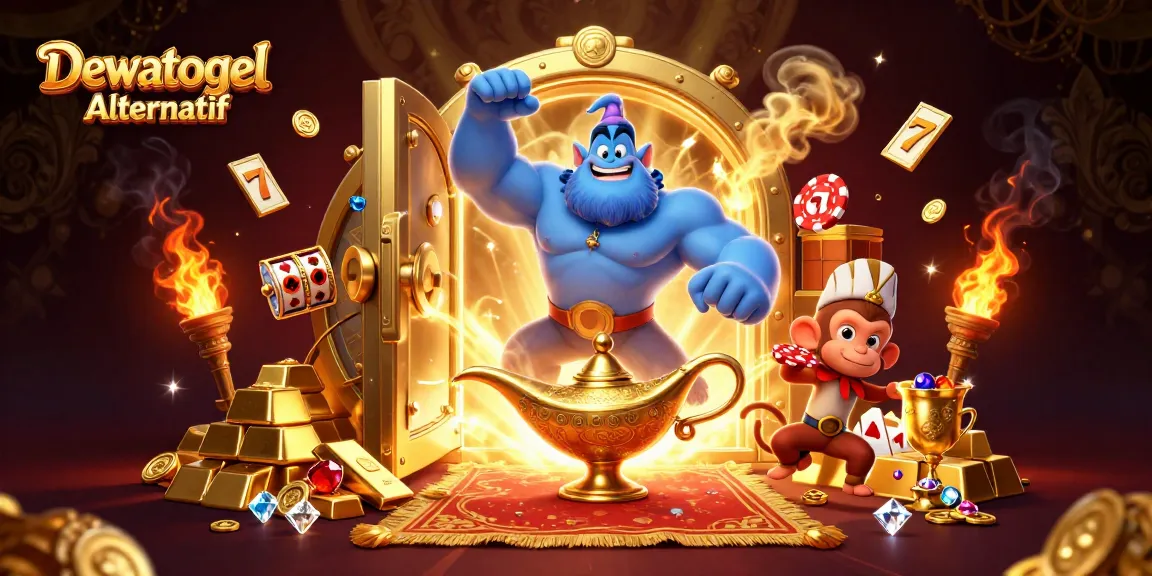 Dewatogel Alternatif showcases a vibrant 3D casino scene with characters and elements representing winning strategies for online slots.