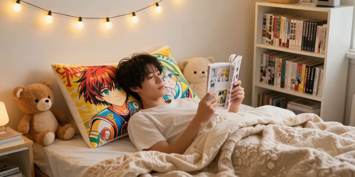 Relaxing bedroom with a custom body pillow showcasing vibrant character art, perfect for manga lovers.