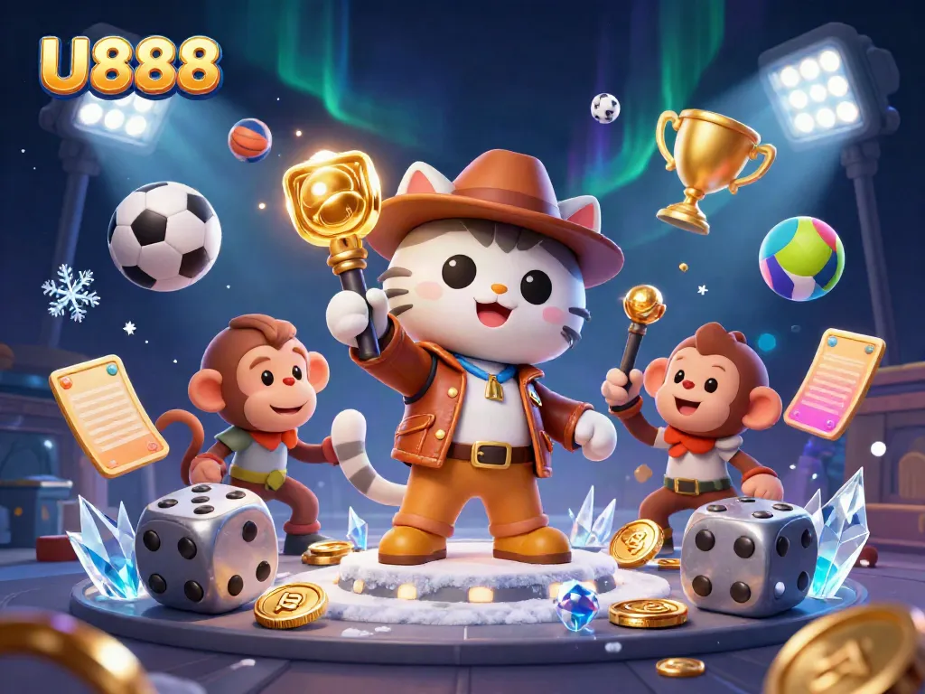 Engage with U888's thrilling adventures featuring a cat archaeologist and sports elements in a vibrant casino design.