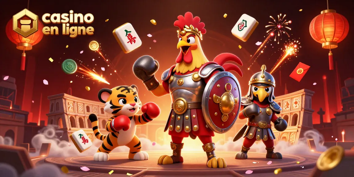Illustration colorée de casino en ligne avec un coq gladiateur et des éléments de jeu