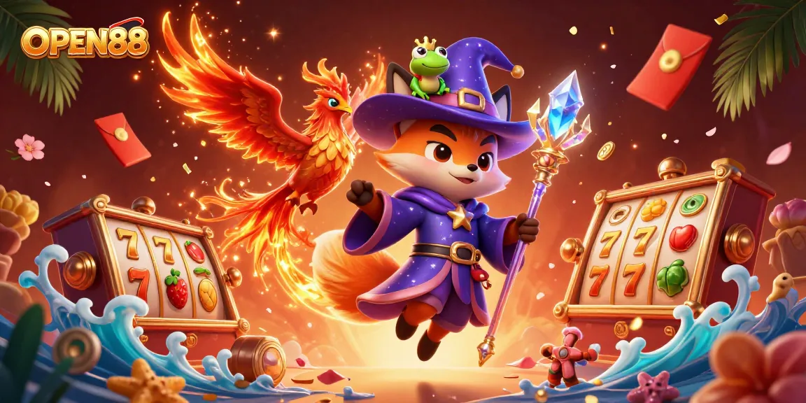 Spin to win with OPEN88 features mystical creatures and casino elements in a vibrant 3D illustration.