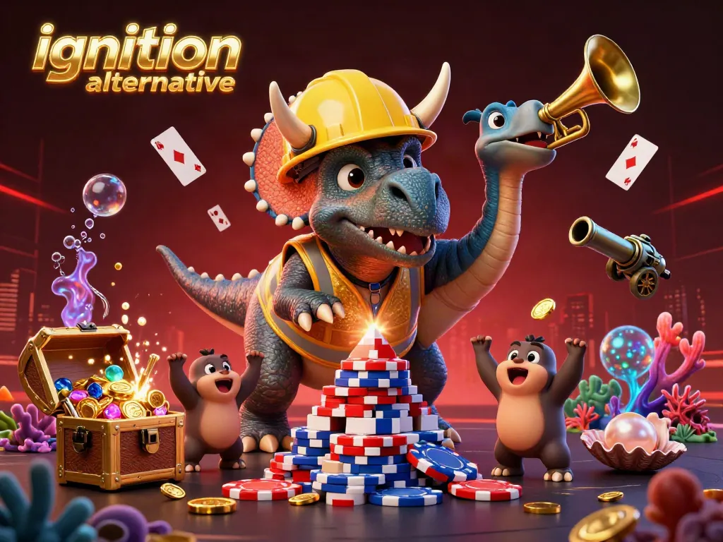 Celebrate with this vibrant 3D scene showcasing ignition alternative in a casino-themed illustration filled with lively characters and gold.