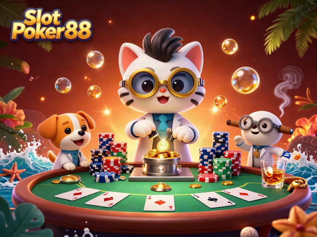Unleash big wins at Slot Poker88 with a dynamic scene of a mad scientist cat and a dog assistant.