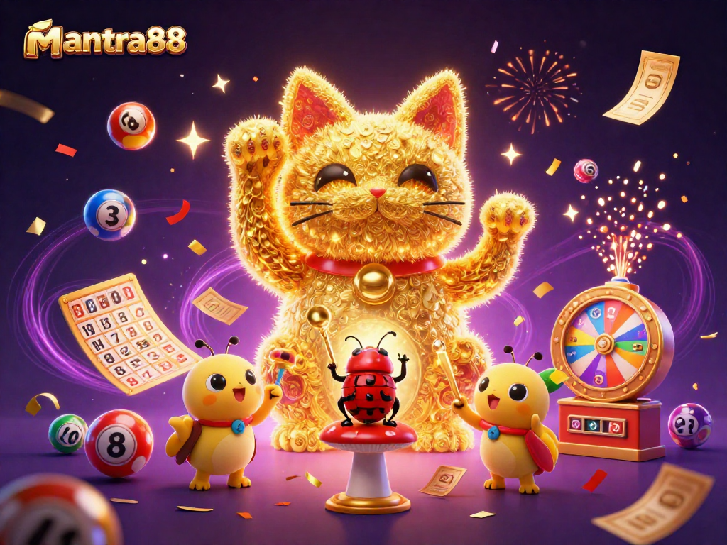 Experience winning moments at mantra88 with a colorful animated lucky cat, lottery elements, and vibrant casino scene.