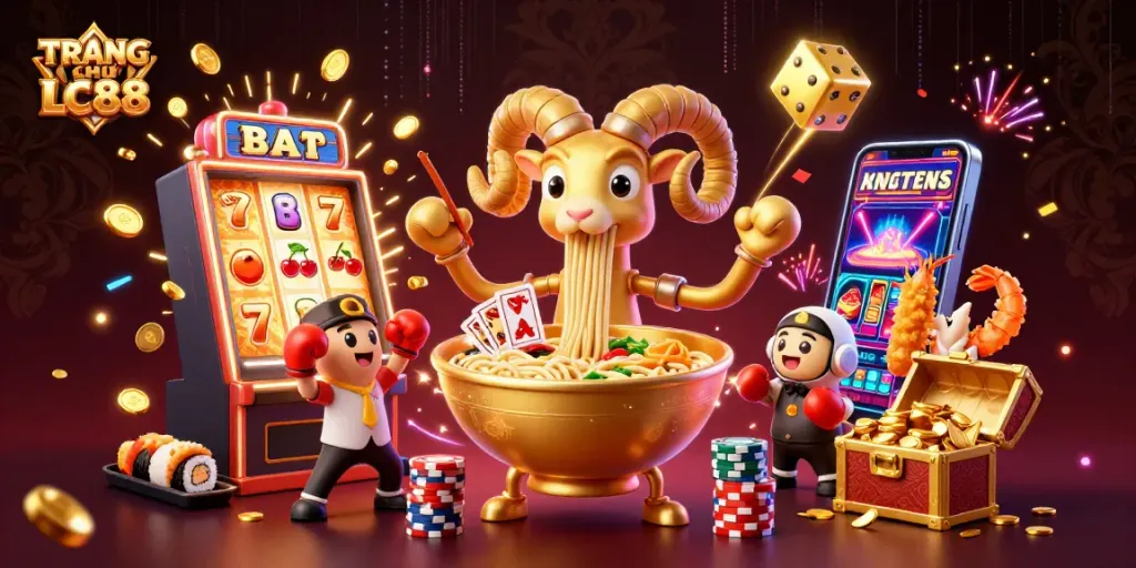 TRANG CHỦ LC88 showcases a vibrant casino scene with a giant ramen bowl delivering excitement.
