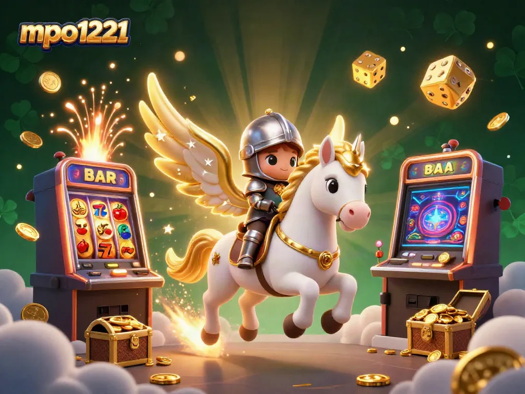 Engage with exciting casino action at mpo1221 featuring vibrant slot machines and a celestial knight in a magical scene.