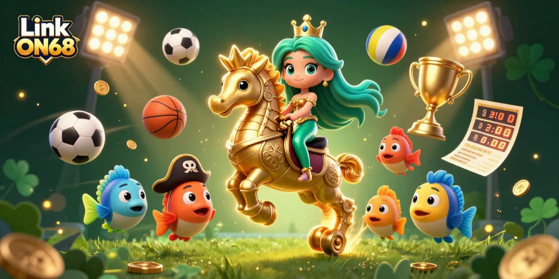 Experience thrilling sports betting action with Link ON68 in this vibrant 3D casino illustration.