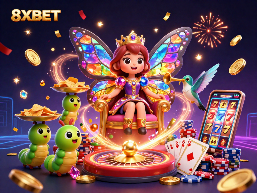 Engage with 8XBET's vibrant casino dynamics through this lively illustration featuring exciting game elements.
