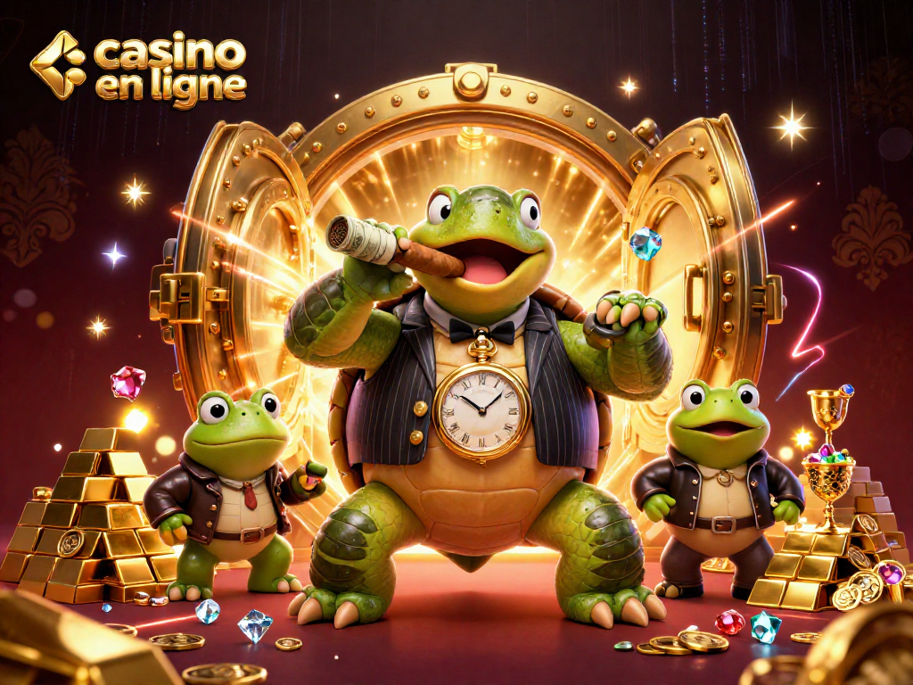 Jouer au casino en ligne avec une tortue massive en costume, entourée de personnages animés et d'effets lumineux.