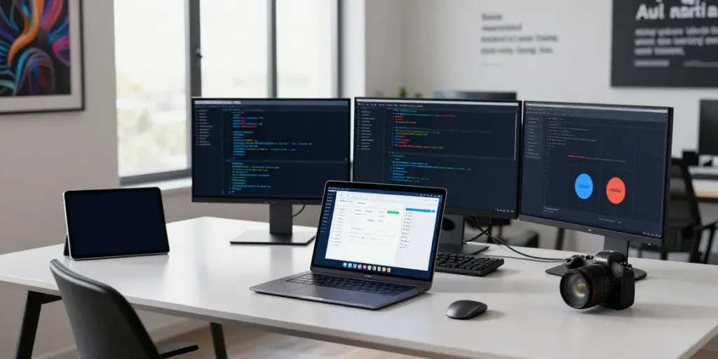 GPU computing workspace with developer coding on multiple monitors in a bright tech office.
