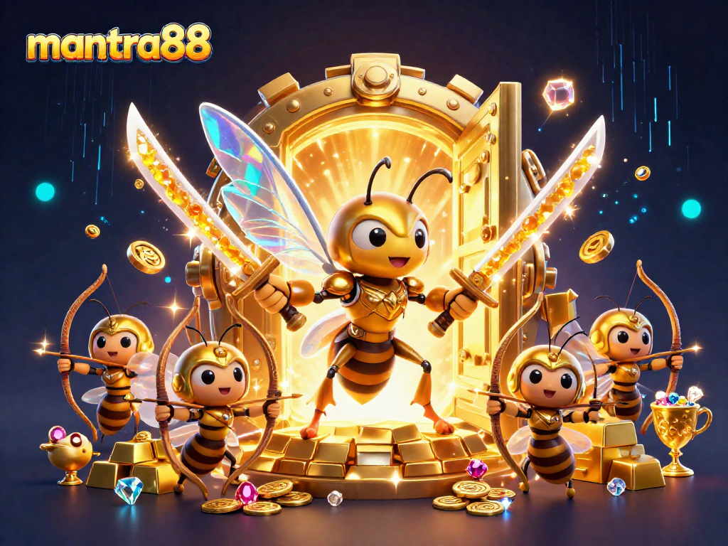 Experience mantra88's exciting gameplay with a golden hornet warrior and treasure-filled energy.