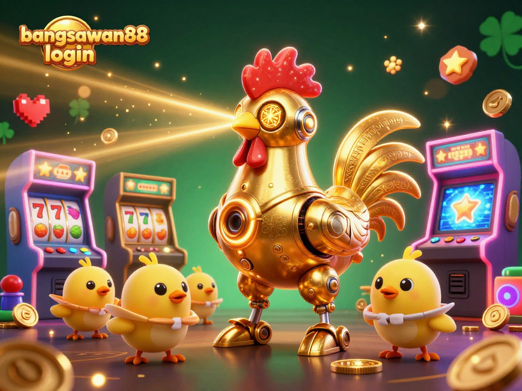 Engage in exciting gaming action with bangsawan88 login showcasing a golden rooster robot and playful chick drones.