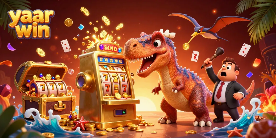 Experience the excitement of yaar win with a pachycephalosaurus at a slot machine amid golden coins.
