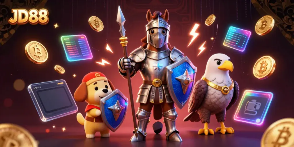 Engage in thrilling gambling action with JD88, featuring a knight, squire puppy, and falcon amidst crypto elements.
