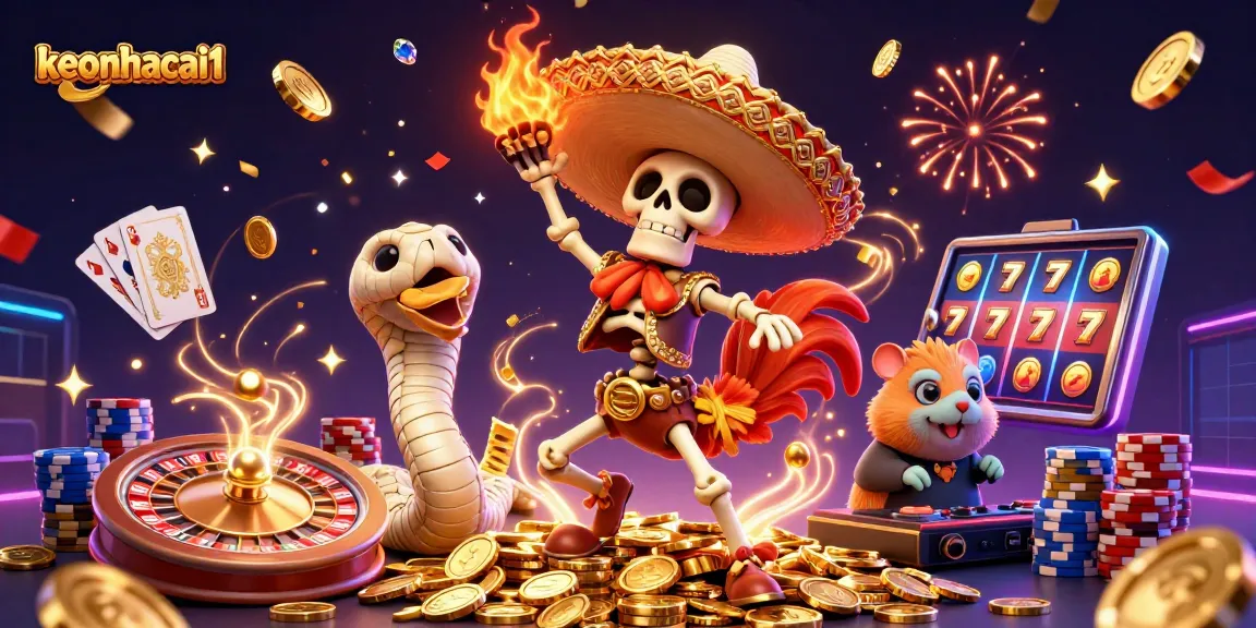 Experience thrilling wins with keonhacai1 as the mariachi rooster dances on golden coins amidst vibrant casino excitement.