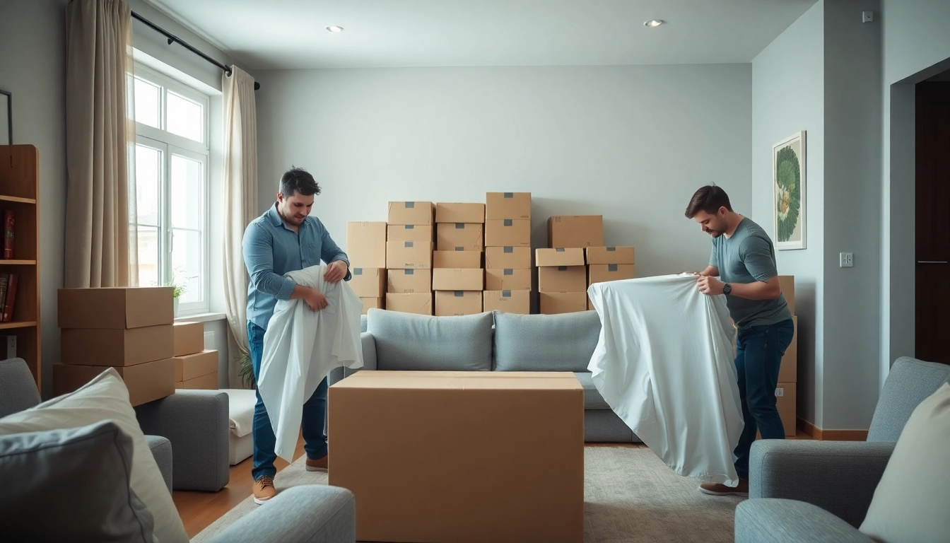 Professional Packing Services with skilled packers organizing and wrapping items in a modern home setting.
