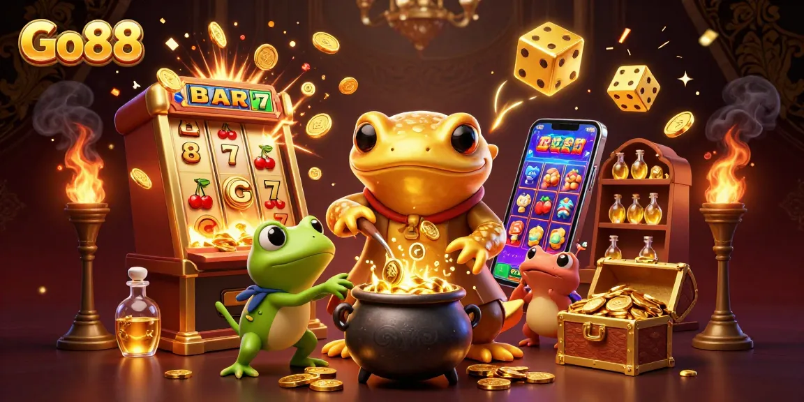 Go88 casino reveals a golden alchemist with frog apprentice amidst overflowing treasures and slot machines.
