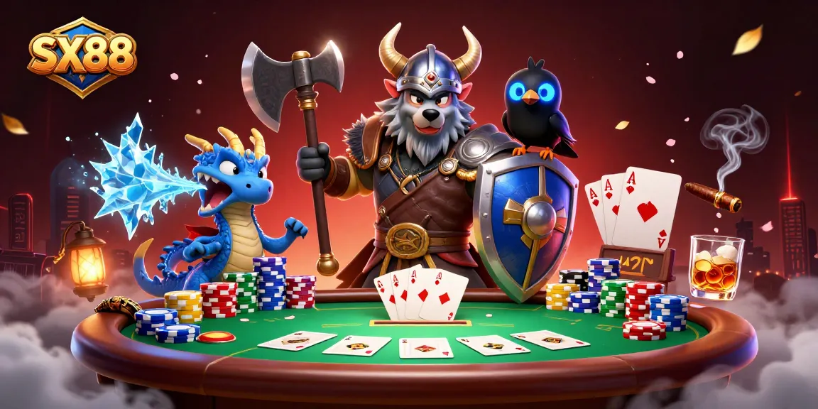 SX88 captures an epic poker duel with a Viking wolf warrior, dragon, and glowing raven in a vibrant casino scene.